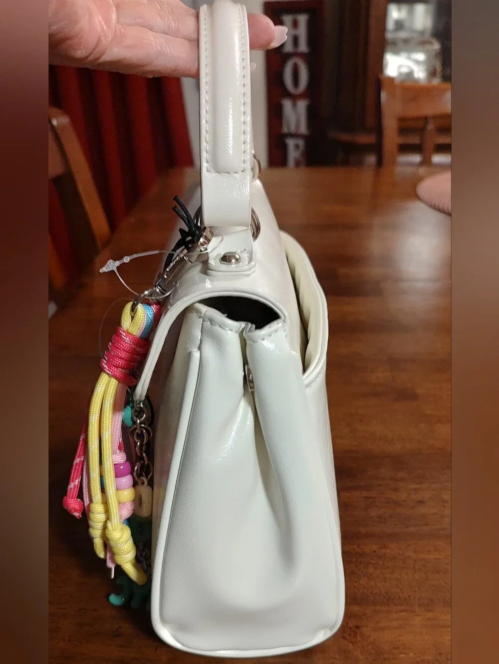 White Top-Handle Women’s Bag with Colorful Tassel